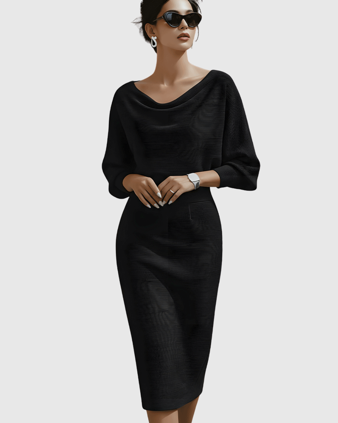 Taylor | Women's Cowl Neck Batwing Sleeve Ribbed Mid-Length Dress