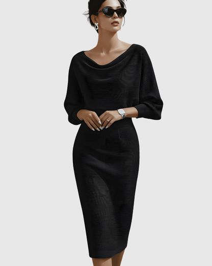 Taylor | Women's Cowl Neck Batwing Sleeve Ribbed Mid-Length Dress