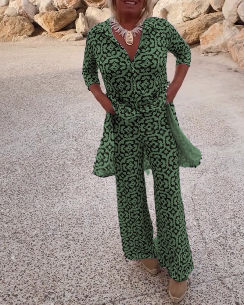 Alexis | Women's Printed Two Piece Set Longline Shirt Straight Pants