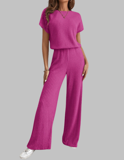 Carol | Women's Ribbed Two Piece Set Short Sleeve Top Wide Leg Pants