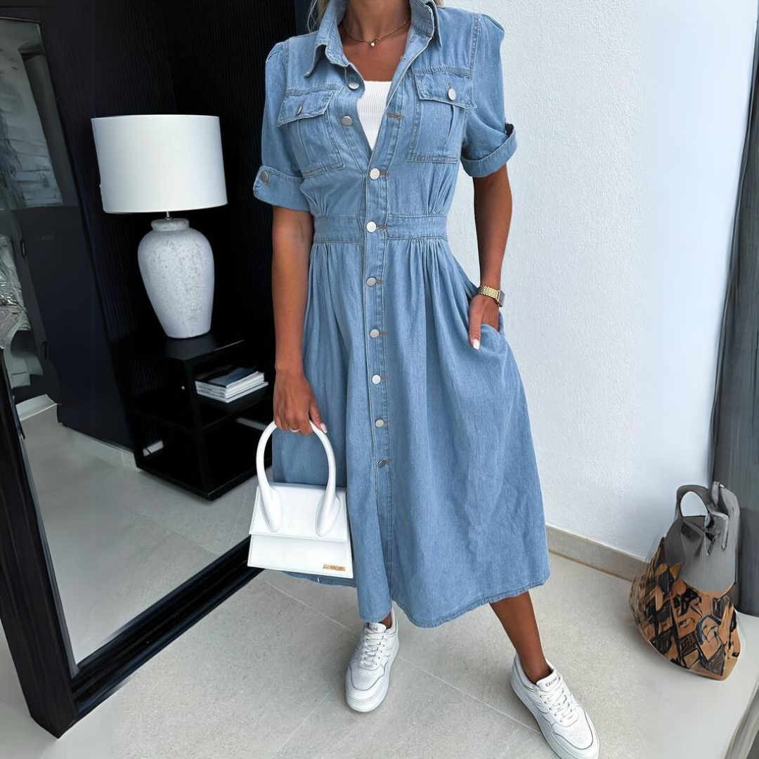 Sierra | Women's Denim Button-Up Mid-Length Dress Short-Sleeved