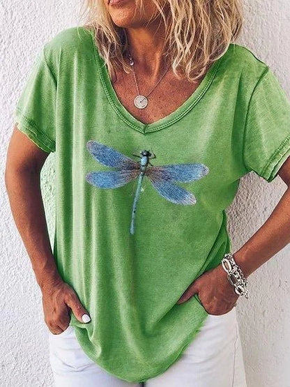 Bianca | Women's Dragonfly Print V-Neck Short Sleeve Relaxed Tee
