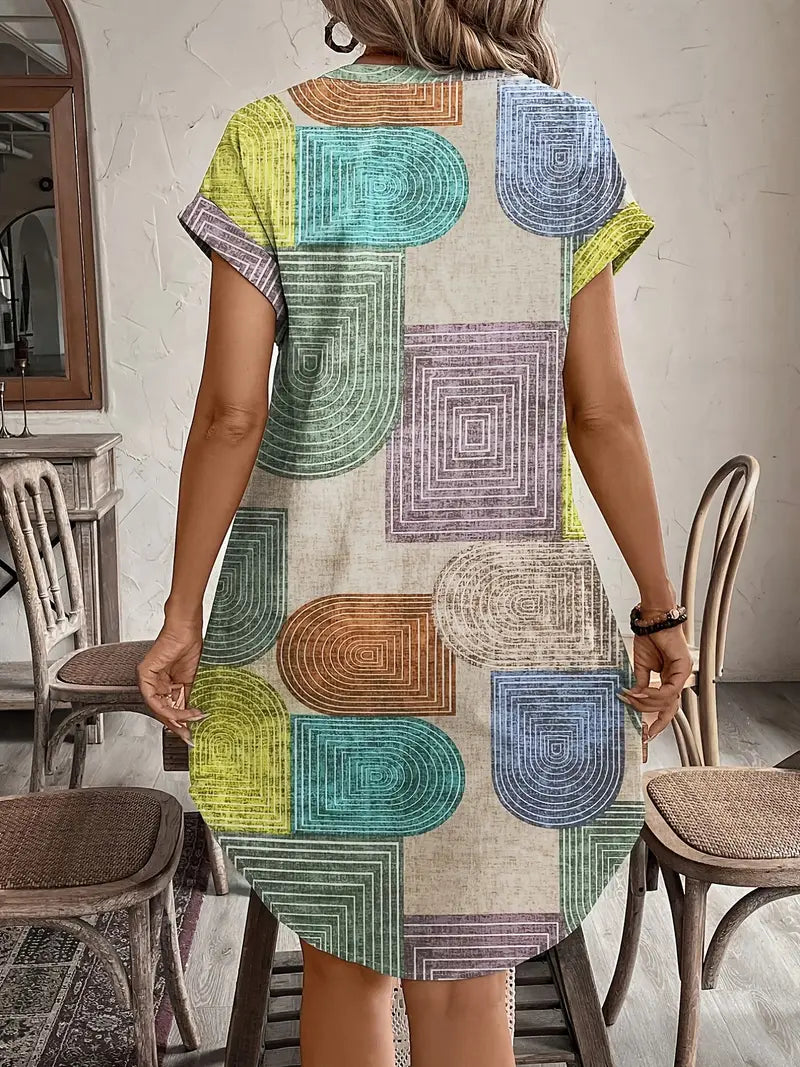 Hailey | Women's Geometric Print Short Dress Button Front V-Neck