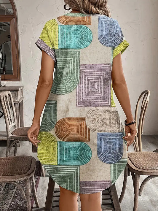 Hailey | Women's Geometric Print Short Dress Button Front V-Neck