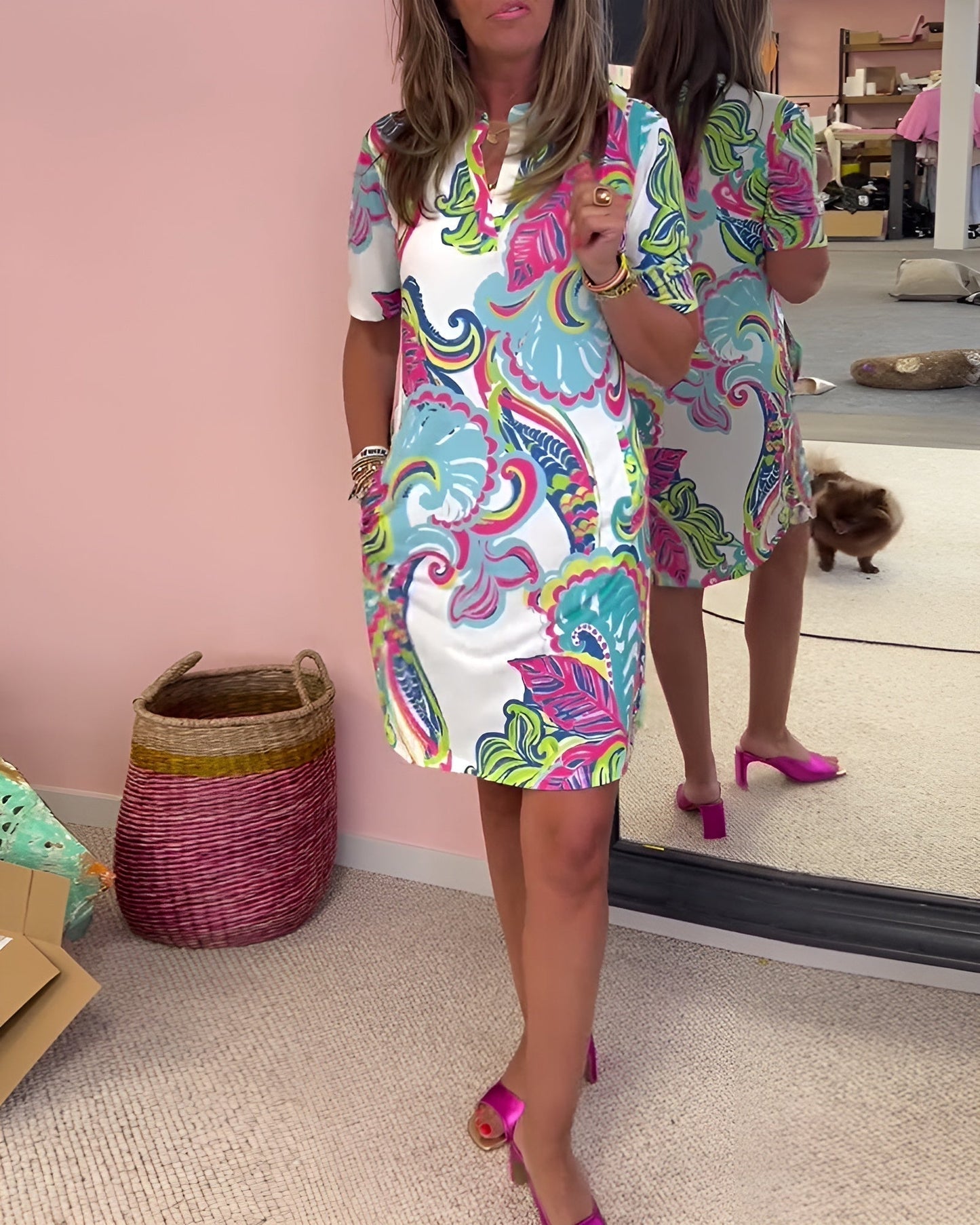 Ellie | Women's V Neck Tummy Control Printed Draped Dress Everyday Summer