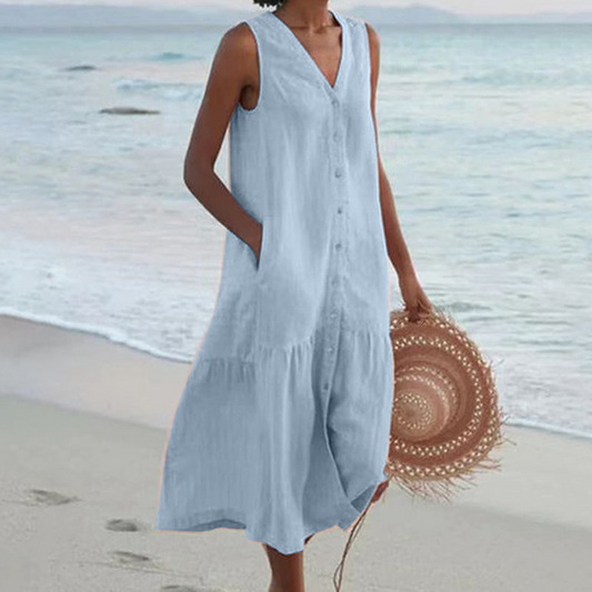 Brinley | No-Sleeve Buttoned Mid-Length Dress