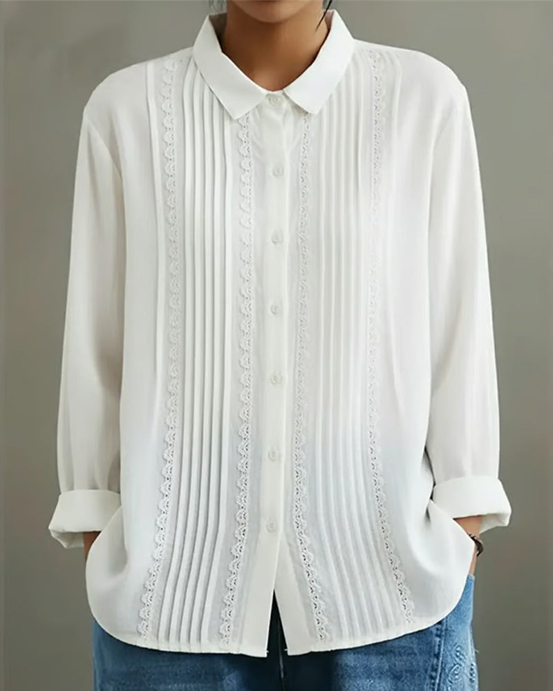 Nicole | Women's Lace Trim Button-Up Long Sleeve Blouse