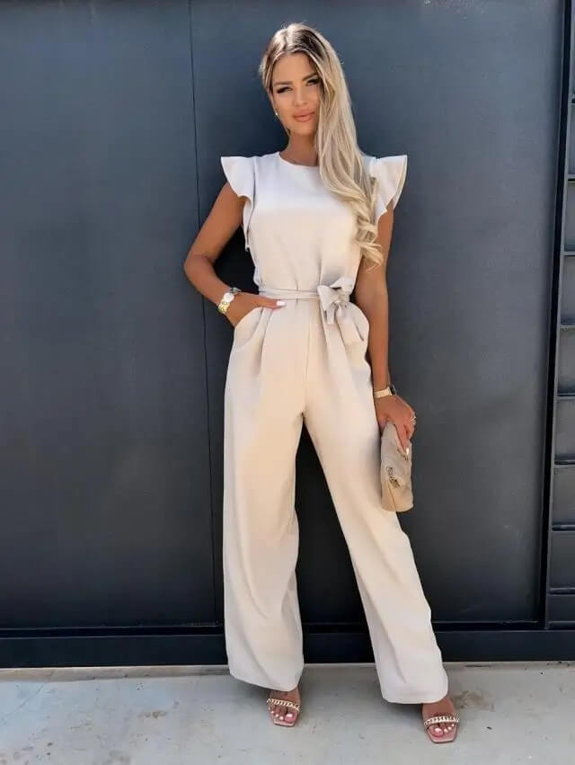 Ashley | Women's Ruffle Sleeve Wide-Leg Jumpsuit Belted Refined