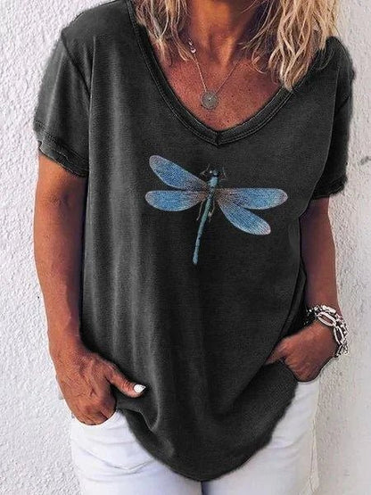 Bianca | Women's Dragonfly Print V-Neck Short Sleeve Relaxed Tee