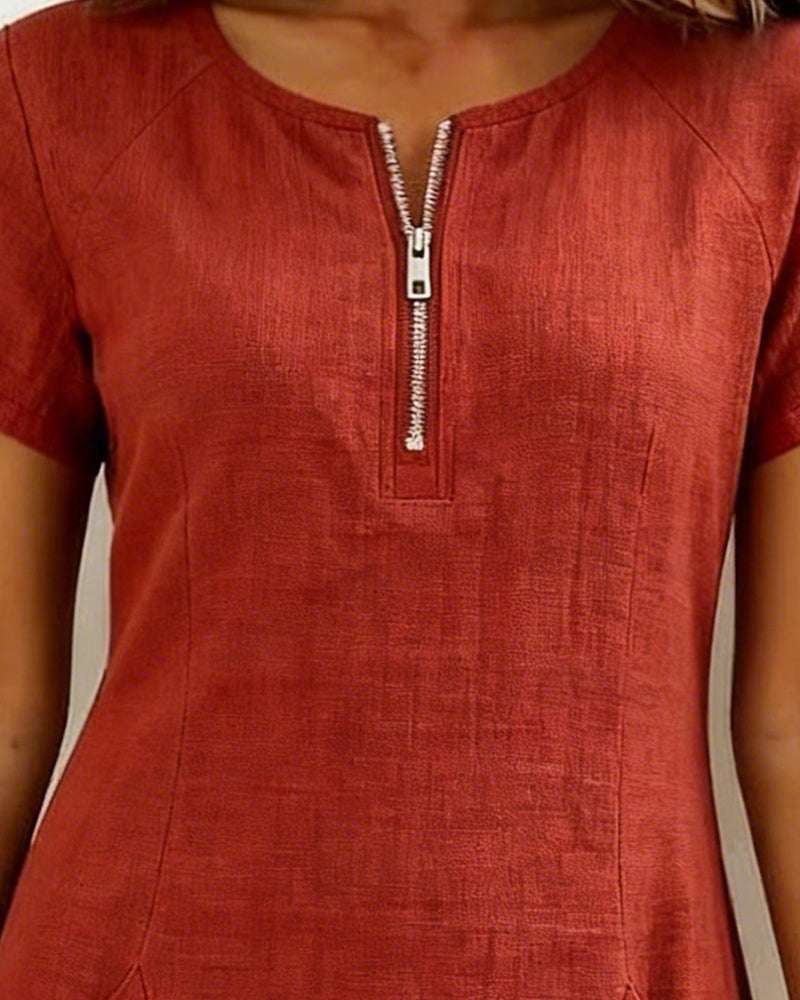 Sara | Women's Shift Dress Short-Sleeved Zip Neck with Pockets