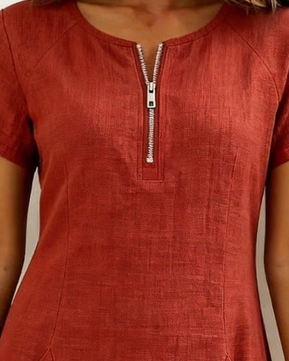 Sara | Women's Shift Dress Short-Sleeved Zip Neck with Pockets