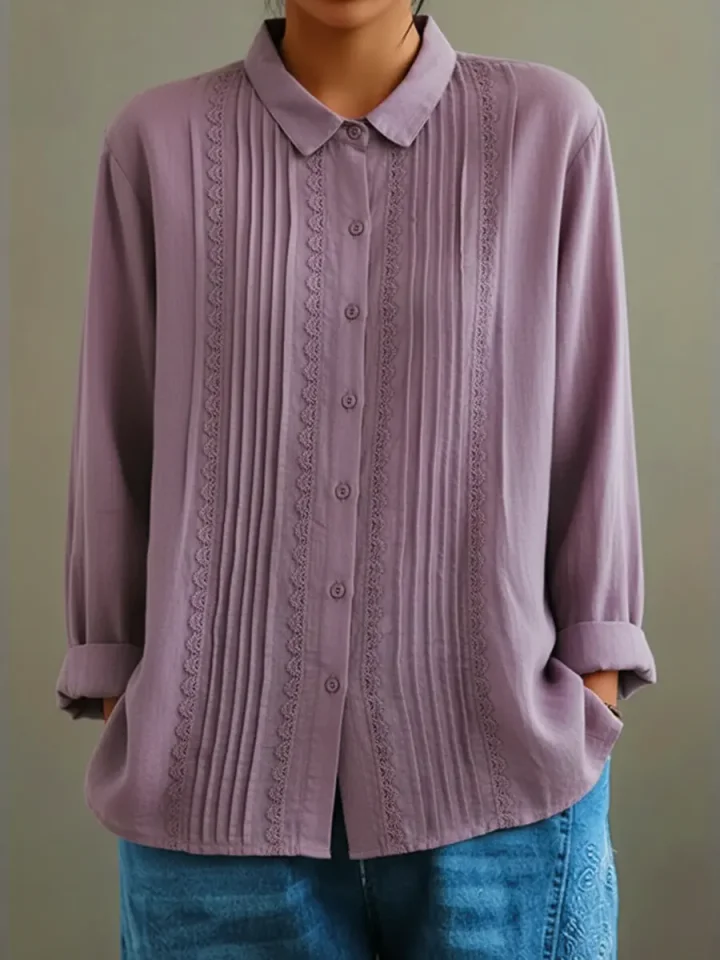 Nicole | Women's Lace Trim Button-Up Long Sleeve Blouse