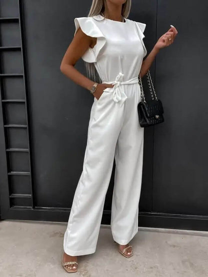 Ashley | Women's Ruffle Sleeve Wide-Leg Jumpsuit Belted Refined