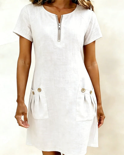 Sara | Women's Shift Dress Short-Sleeved Zip Neck with Pockets