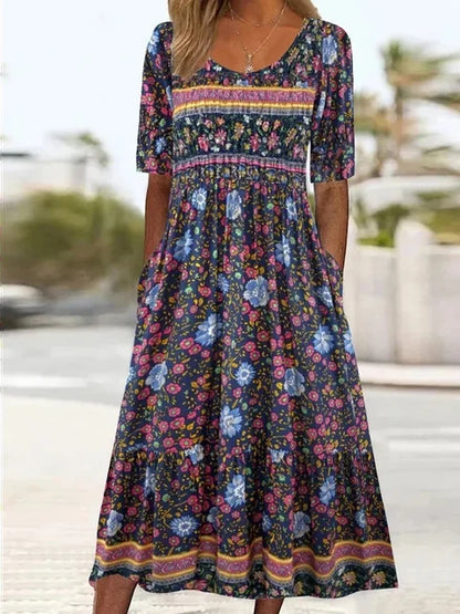 Genevieve | Dress with Bohemian Print and Round Neckline