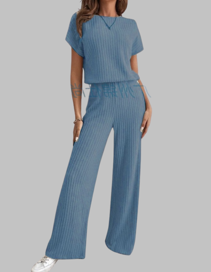 Carol | Women's Ribbed Two Piece Set Short Sleeve Top Wide Leg Pants