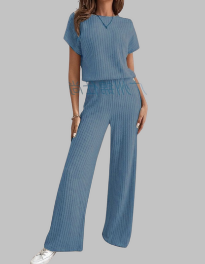 Carol | Women's Ribbed Two Piece Set Short Sleeve Top Wide Leg Pants