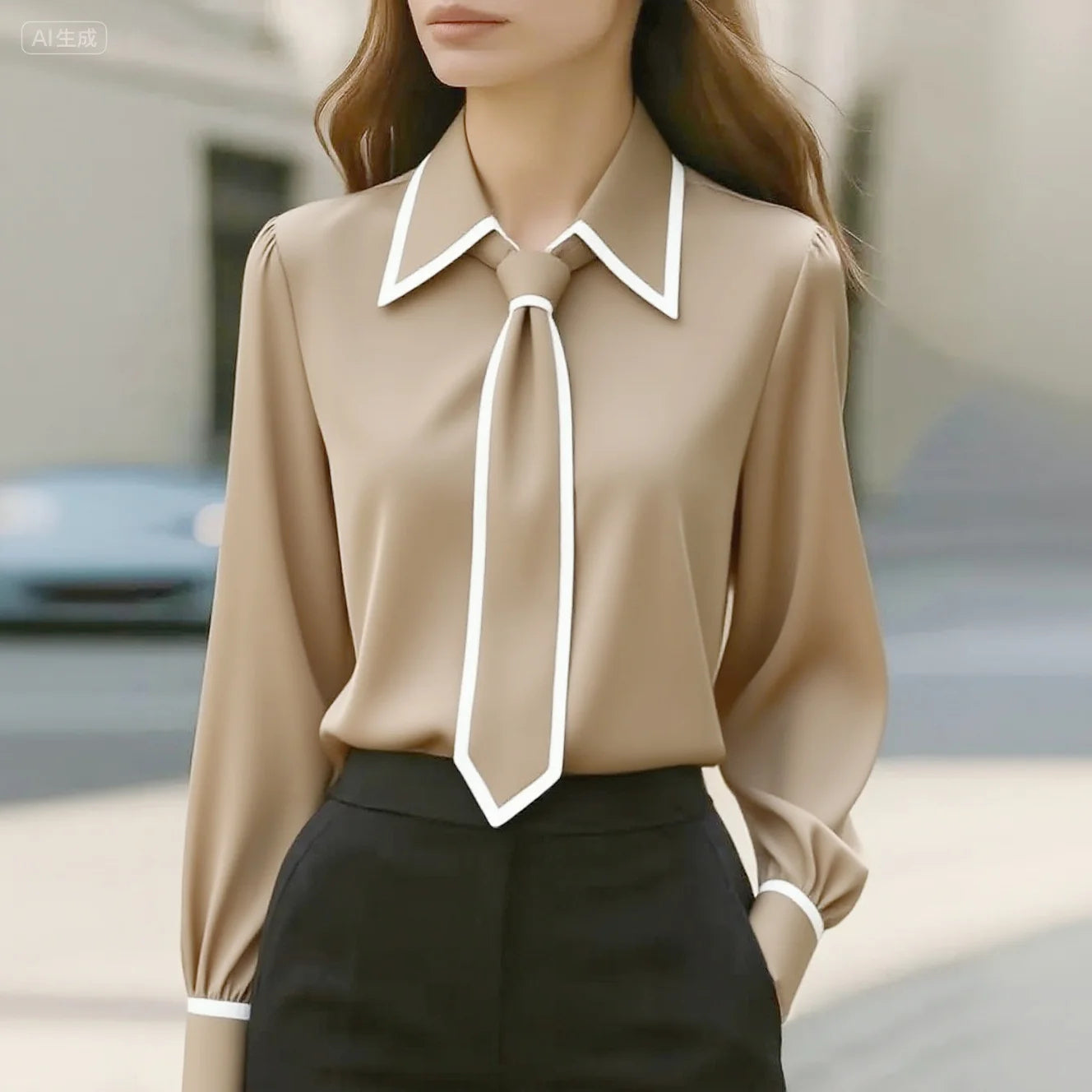 Alexa | Women's Long Sleeve Tie Neck Blouse Contrast Collar