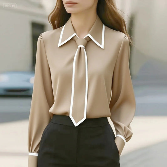 Alexa | Women's Long Sleeve Tie Neck Blouse Contrast Collar