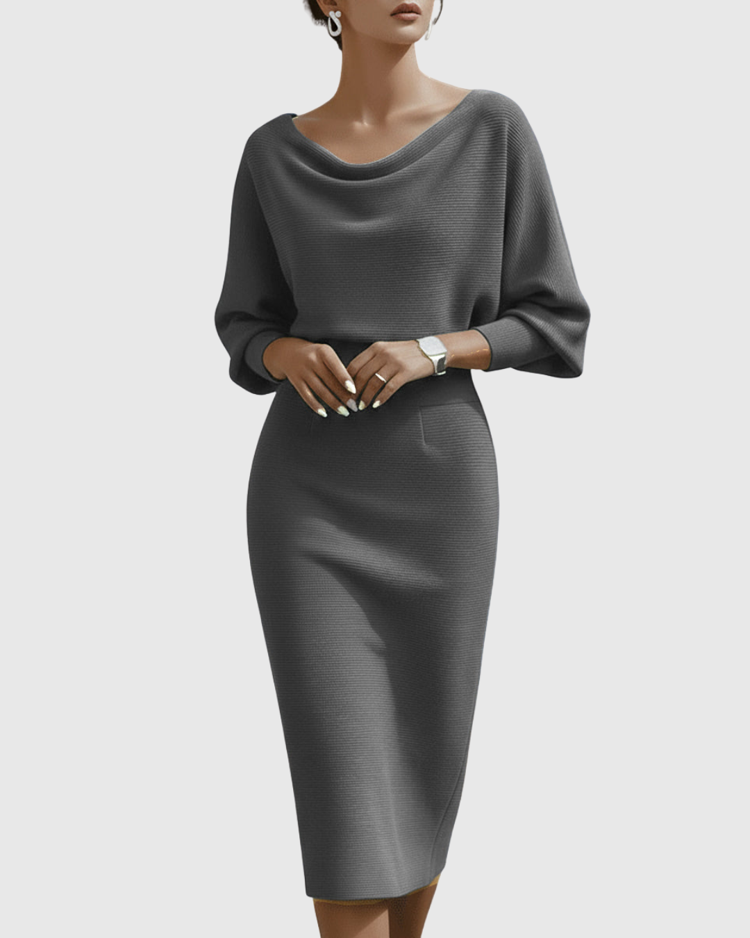 Taylor | Women's Cowl Neck Batwing Sleeve Ribbed Mid-Length Dress