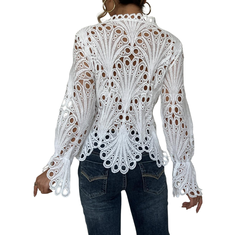 Robin | Women's Lace Cutwork Blouse Long Sleeve Hollow Out Top
