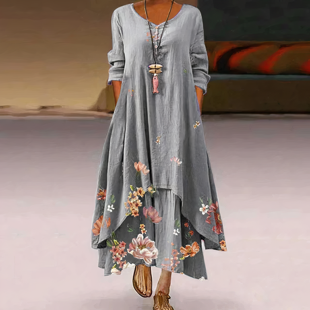 Stephanie | Women's Floral Print Full Sleeve Loose Maxi Dress