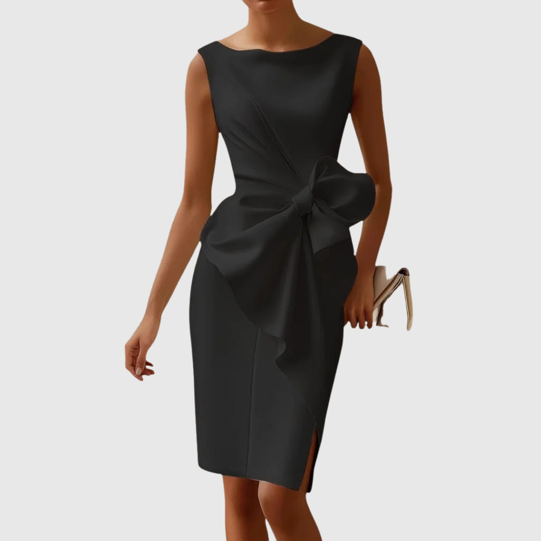 Emma | Women's Boat Neck No-Sleeve Mid-Length Dress with Bow Detail