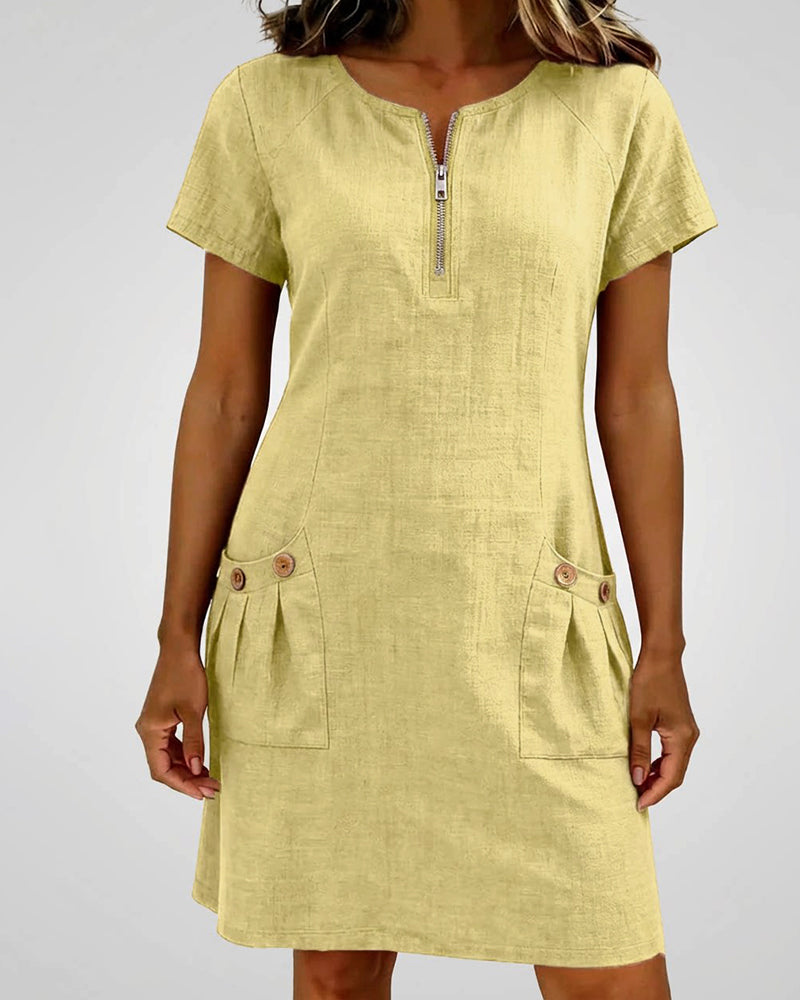 Sara | Women's Shift Dress Short-Sleeved Zip Neck with Pockets