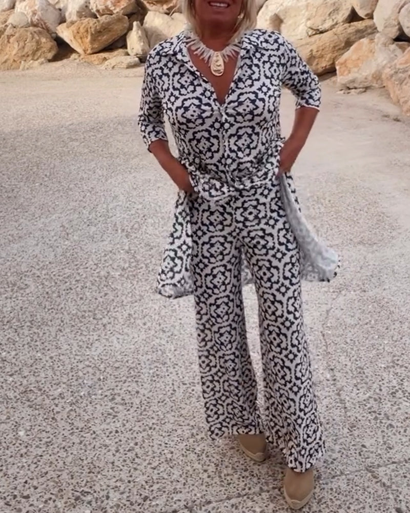 Alexis | Women's Printed Two Piece Set Longline Shirt Straight Pants