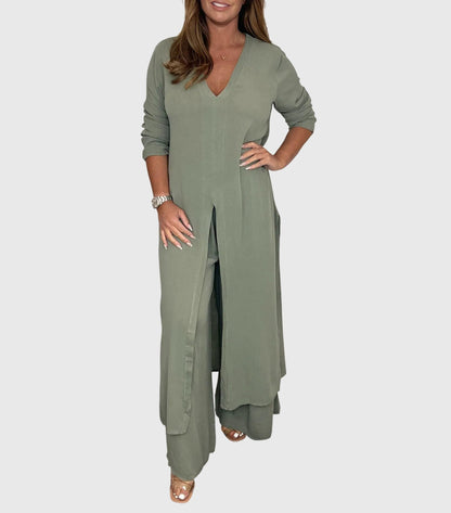 Nicole | Women's Duster Cardigan Two-Piece Set Wide Leg Pants