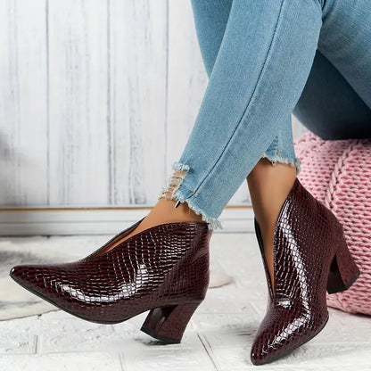 Mackenzie | Women's Textured Ankle Boots with Curved Cut and Mid Block Heel