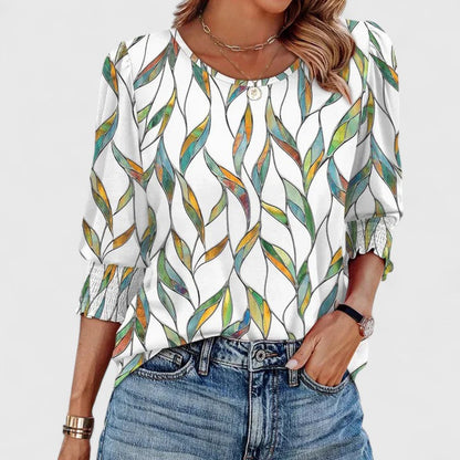 Beatrice | Women's Smocked Cuff 3/4 Sleeve Crew Neck Top
