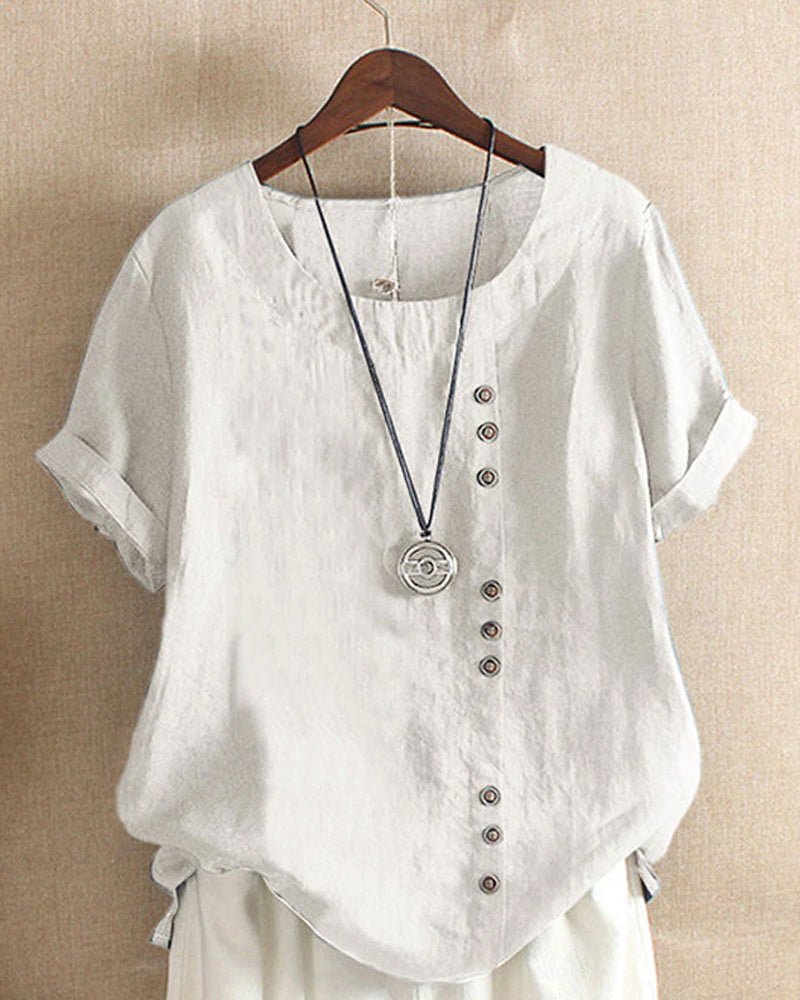 Alice | Women's Button Front Crew Neck Short Sleeve Relaxed Top
