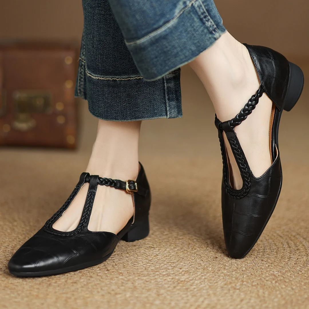 Colleen | Women's Leather T-Strap Mary Jane Flats Pointed Toe Flat