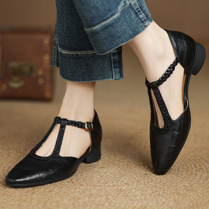Colleen | Women's Leather T-Strap Mary Jane Flats Pointed Toe Flat