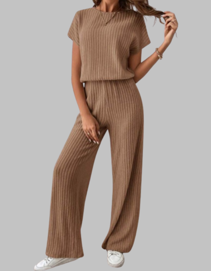 Carol | Women's Ribbed Two Piece Set Short Sleeve Top Wide Leg Pants
