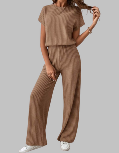 Carol | Women's Ribbed Two Piece Set Short Sleeve Top Wide Leg Pants