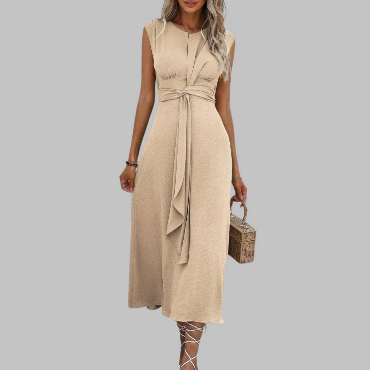 Rachel | Women's Belted Mid-Length Dress No-Sleeve Round Neck A-Line