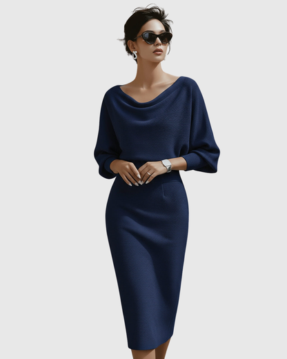 Taylor | Women's Cowl Neck Batwing Sleeve Ribbed Mid-Length Dress