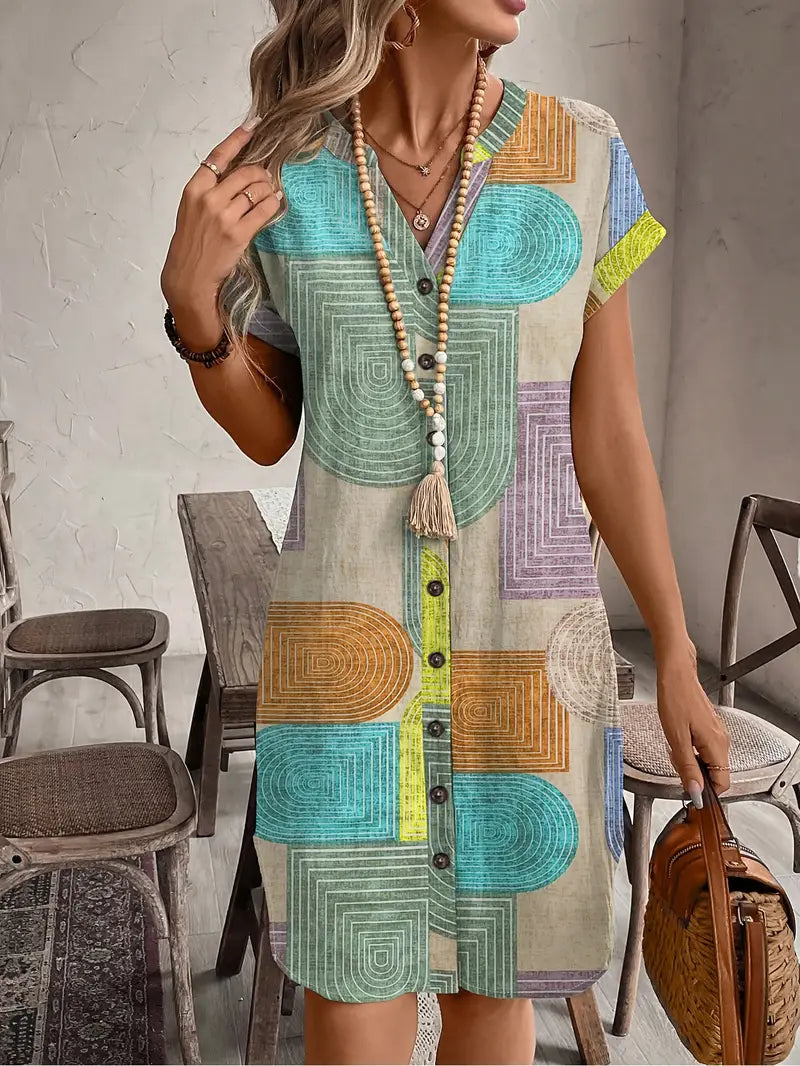 Hailey | Women's Geometric Print Short Dress Button Front V-Neck