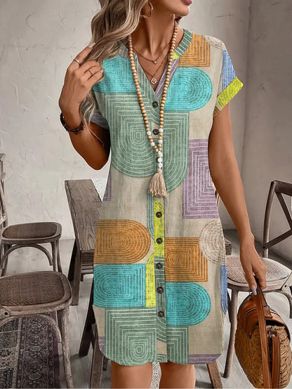 Hailey | Women's Geometric Print Short Dress Button Front V-Neck