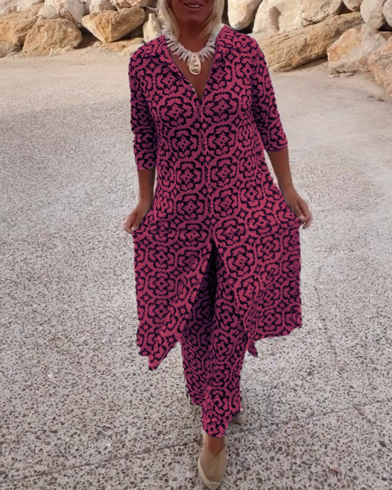 Alexis | Women's Printed Two Piece Set Longline Shirt Straight Pants