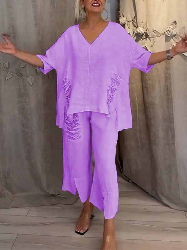 Nicole | Women's Relaxed 2 Piece Set V-Neck Top and Cropped Pants