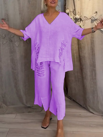 Nicole | Women's Relaxed 2 Piece Set V-Neck Top and Cropped Pants