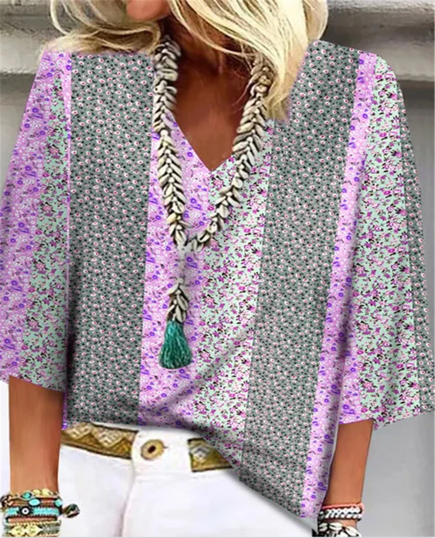 Wren | Women's Ditsy Botanical Patchwork V-Neck 3/4 Sleeve Top