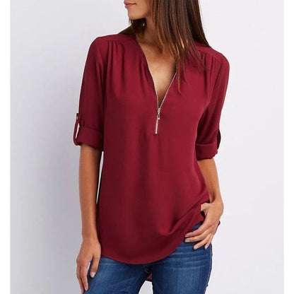 Marissa | Women's Zip-Up V-Neck Half Sleeve Relaxed Blouse Top