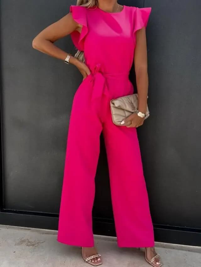 Ashley | Women's Ruffle Sleeve Wide-Leg Jumpsuit Belted Refined