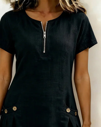 Sara | Women's Shift Dress Short-Sleeved Zip Neck with Pockets
