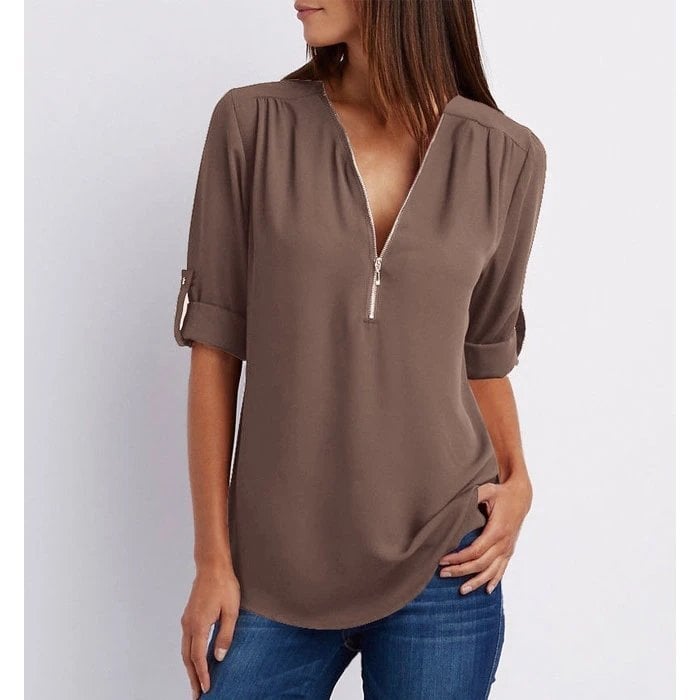 Marissa | Women's Zip-Up V-Neck Half Sleeve Relaxed Blouse Top