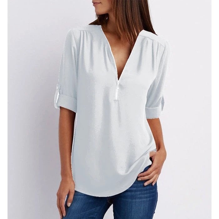 Marissa | Women's Zip-Up V-Neck Half Sleeve Relaxed Blouse Top